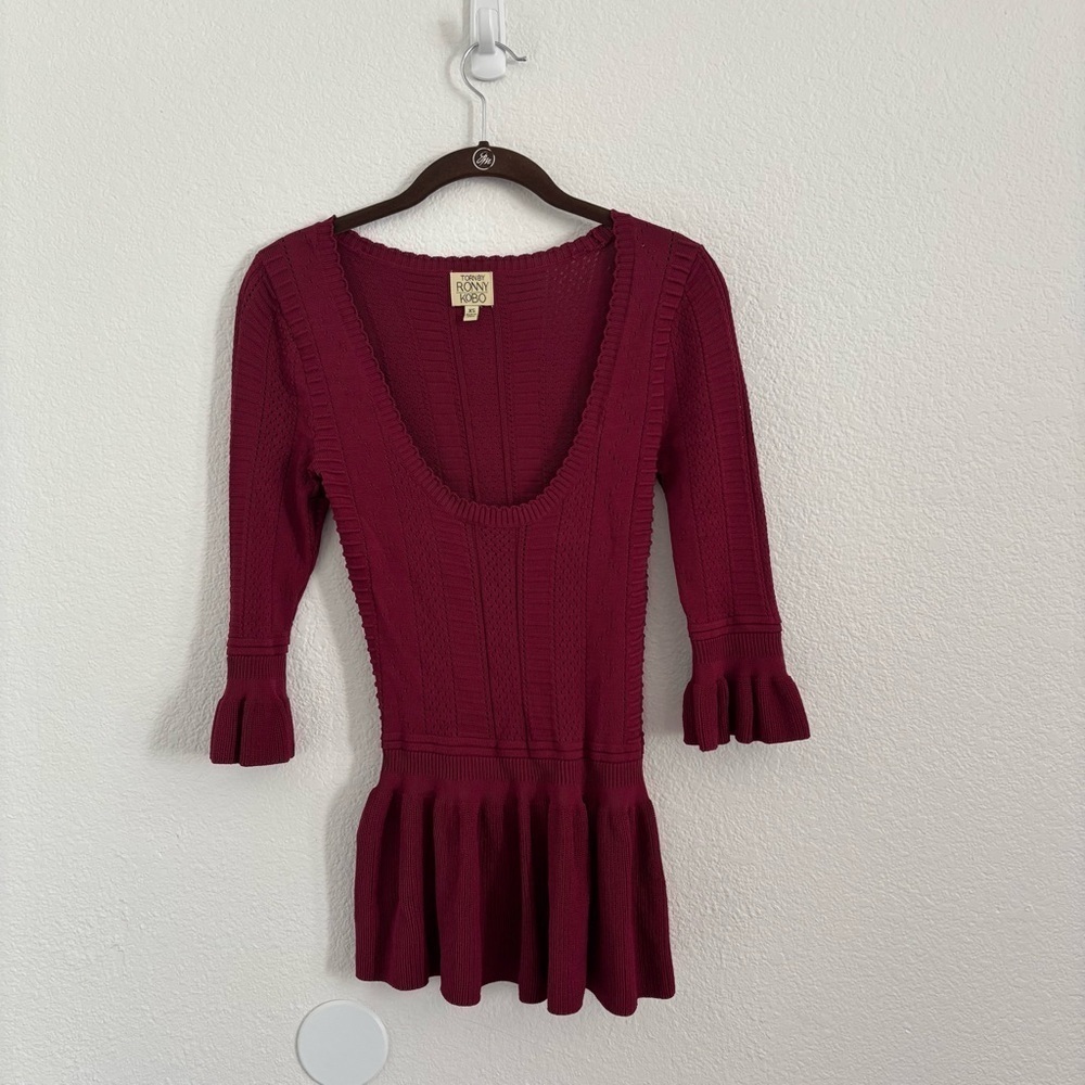 Torn by Ronny Kobo Size XS Burgundy Kimberly Knit Peplum Top